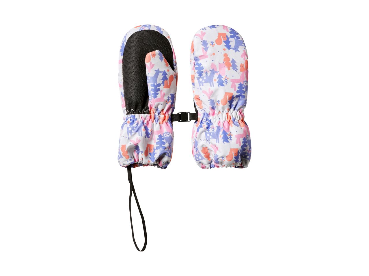 Pair of white children's mittens with a colorful forest animal pattern and black grip palms.