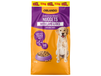 Hrană pentru câini Orlando: nuggets cu miel și orez, 13 kg.