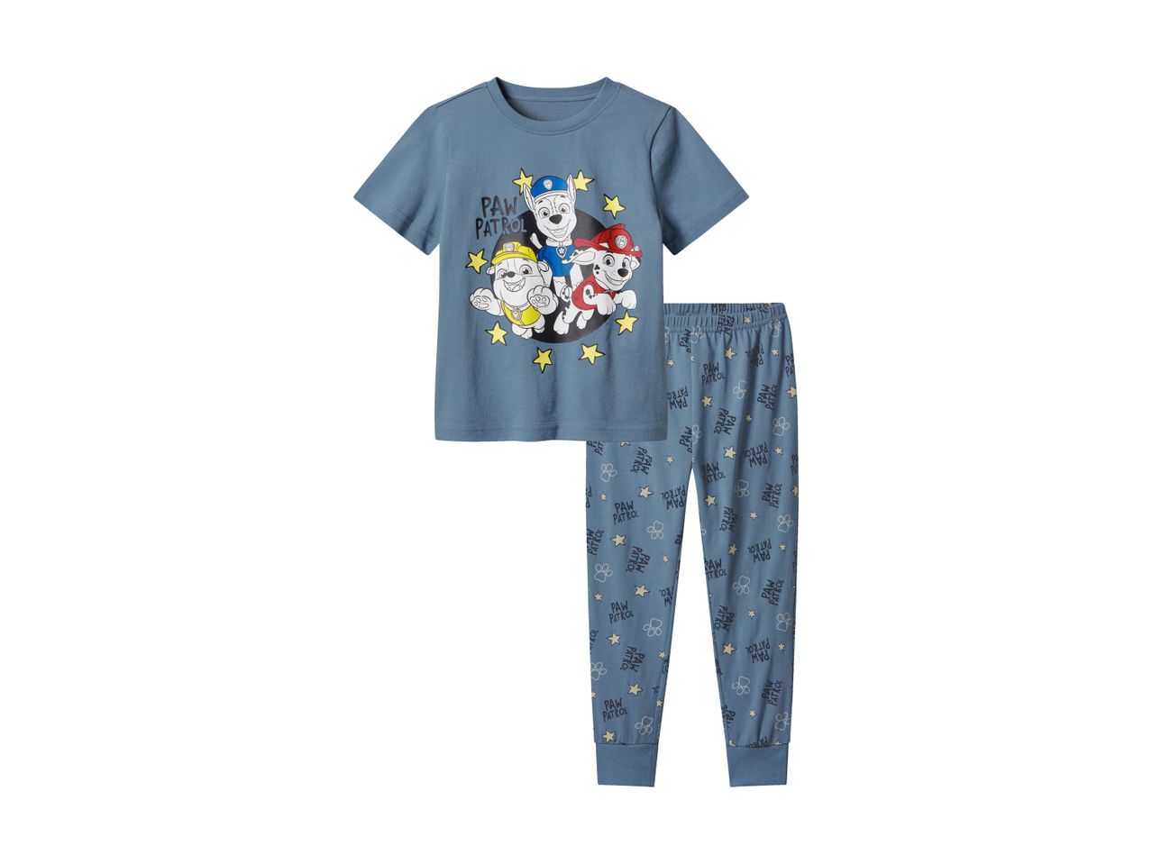 Paw Patrol children's pajamas: blue t-shirt with graphic and matching pants.