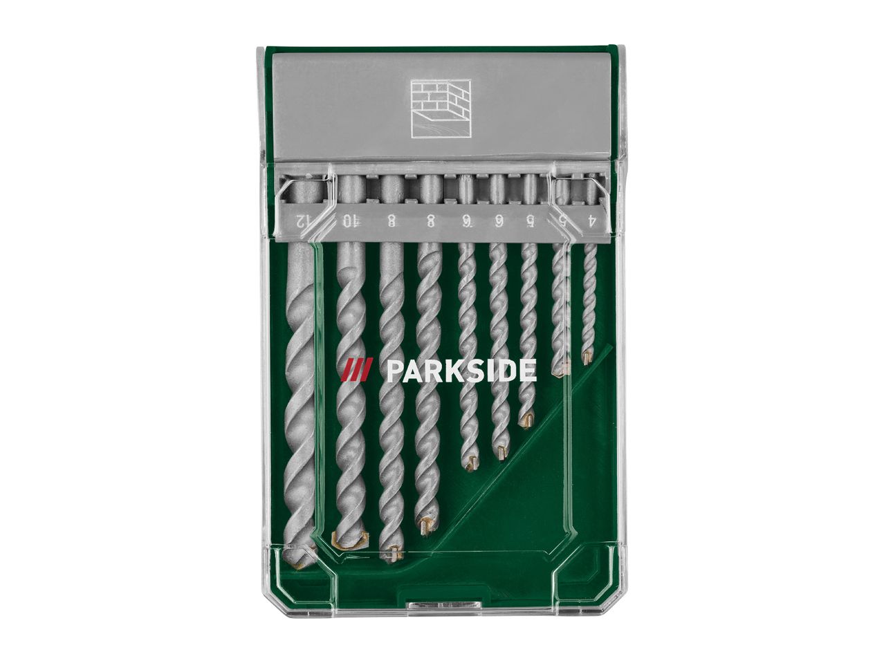 A set of drill bits in a green and clear plastic case, with sizes 4 to 12 visible.