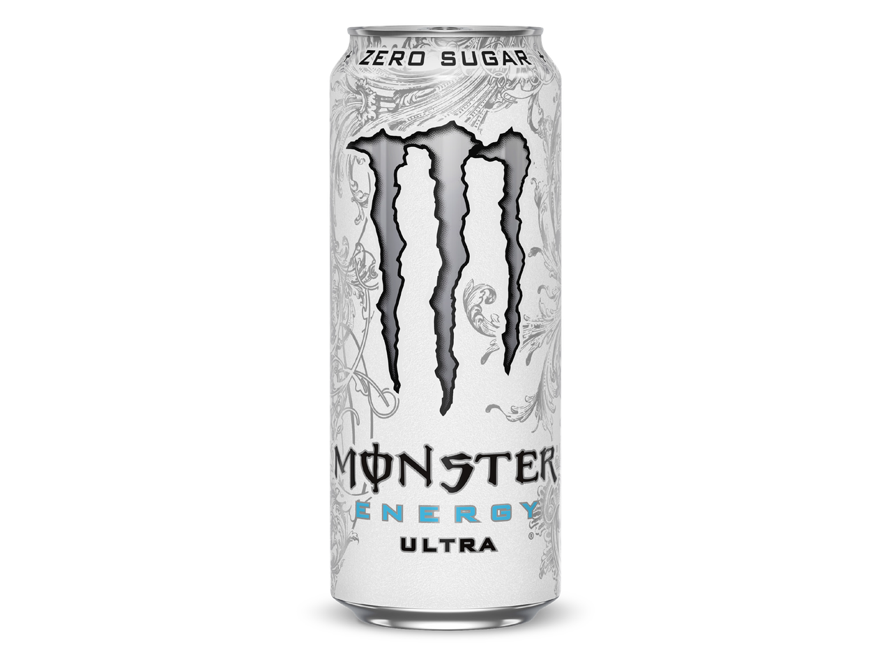 Witte energiedrankblikje met zwarte klauwstrepen en de tekst 'ZERO SUGAR ENERGY ULTRA'.
