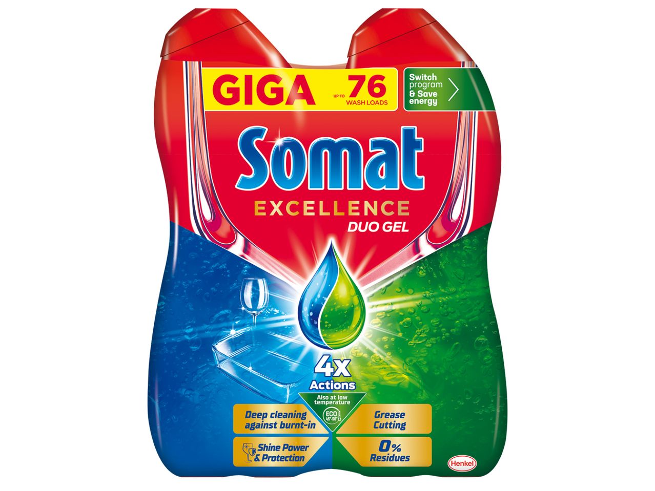 Бутилка Somat Excellence Duo Gel за съдомиялна машина с 4 действия и 76 измивания.