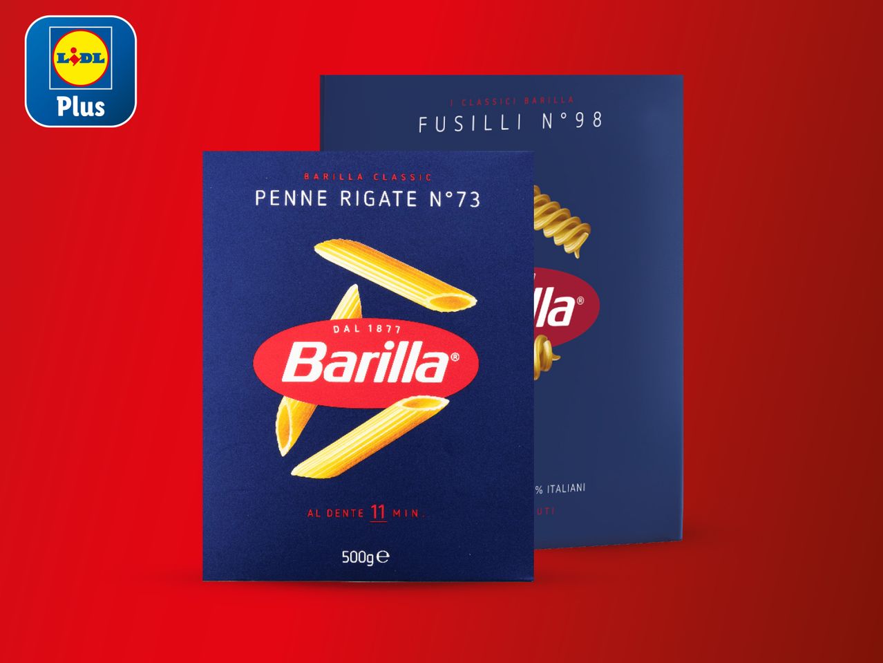 Dvije kutije Barilla penne tjestenine u Plus ponudi.