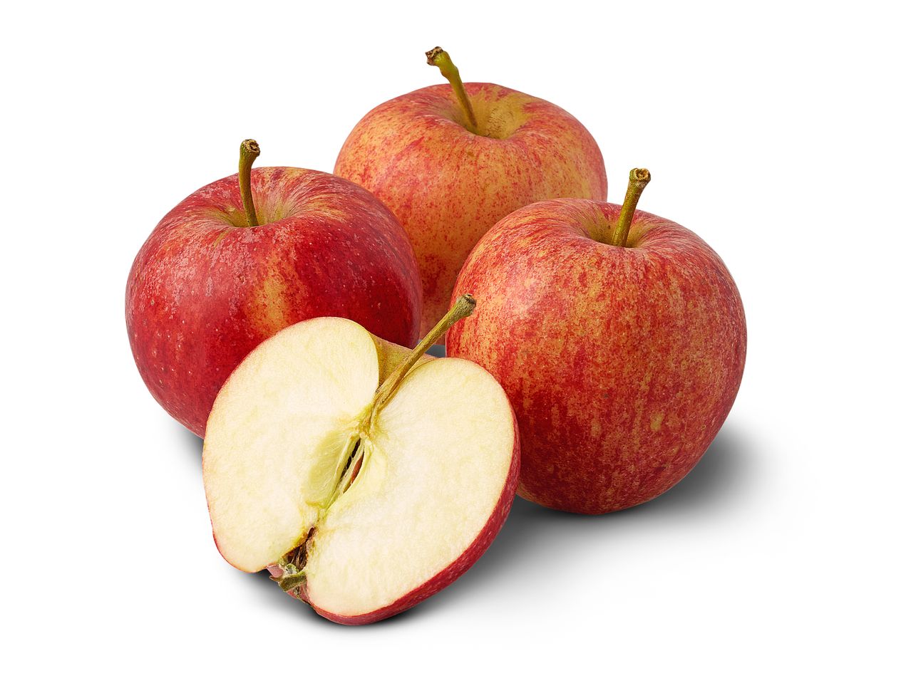 Three red apples and a slice: fresh fruit.