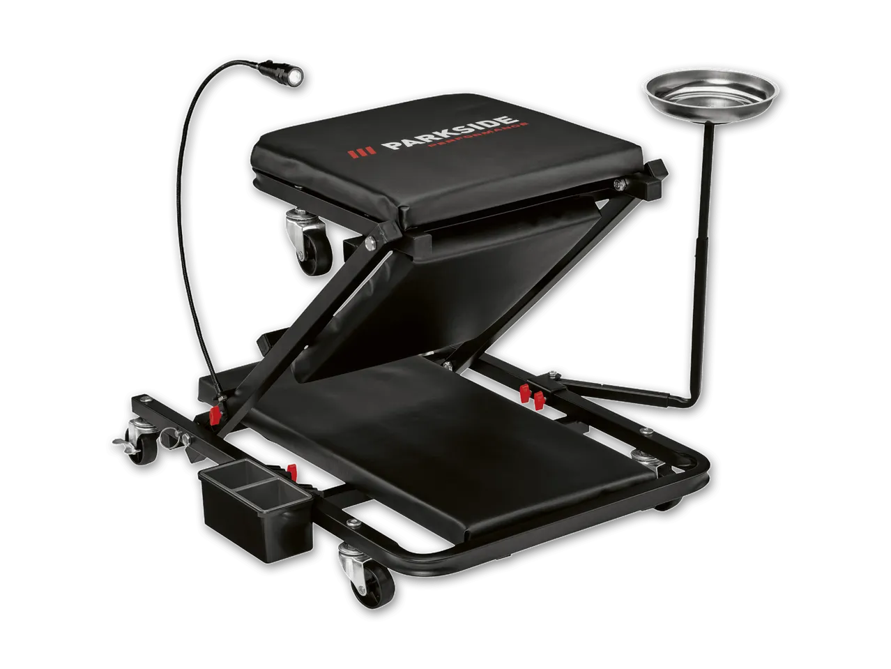 Parkside Performance Werkstatt-Rollwagen mit integrierter LED-Lampe und Ölwanne.