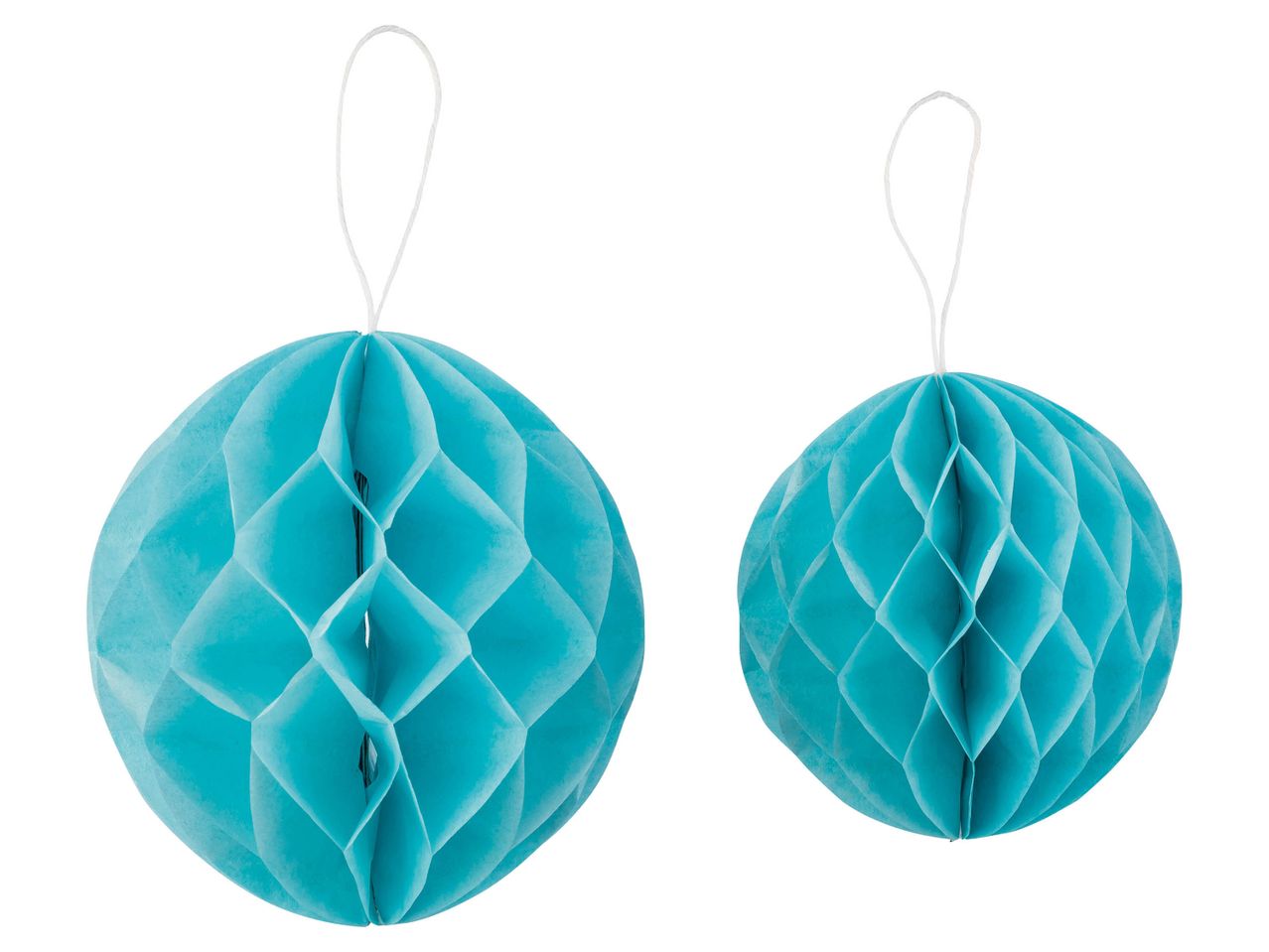Two teal honeycomb paper balls with white hanging strings.