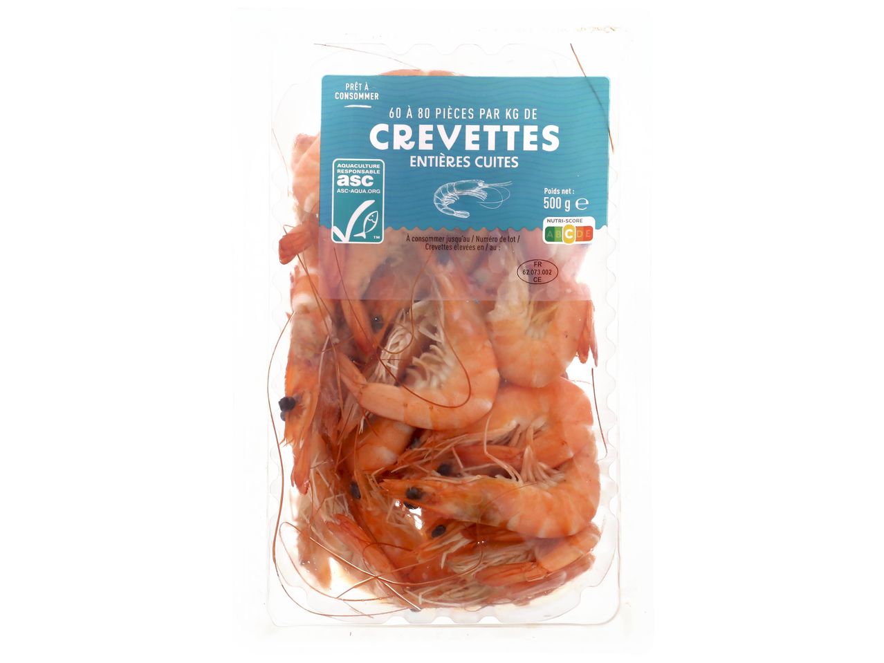Boîte de crevettes cuites ASC de 500g, prêtes à consommer.
