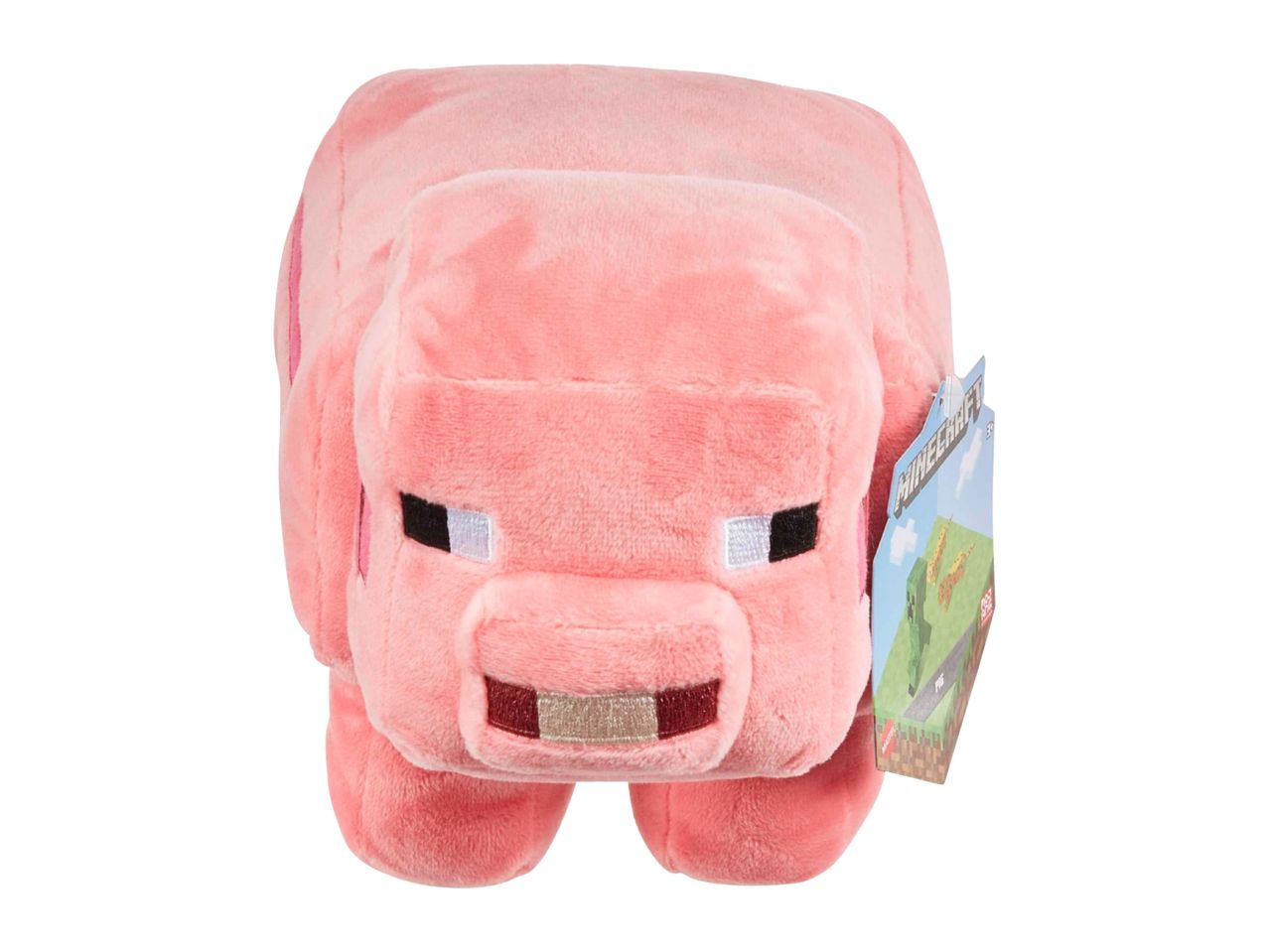 Pink plush pig toy with pixelated eyes and snout, featuring a product tag.