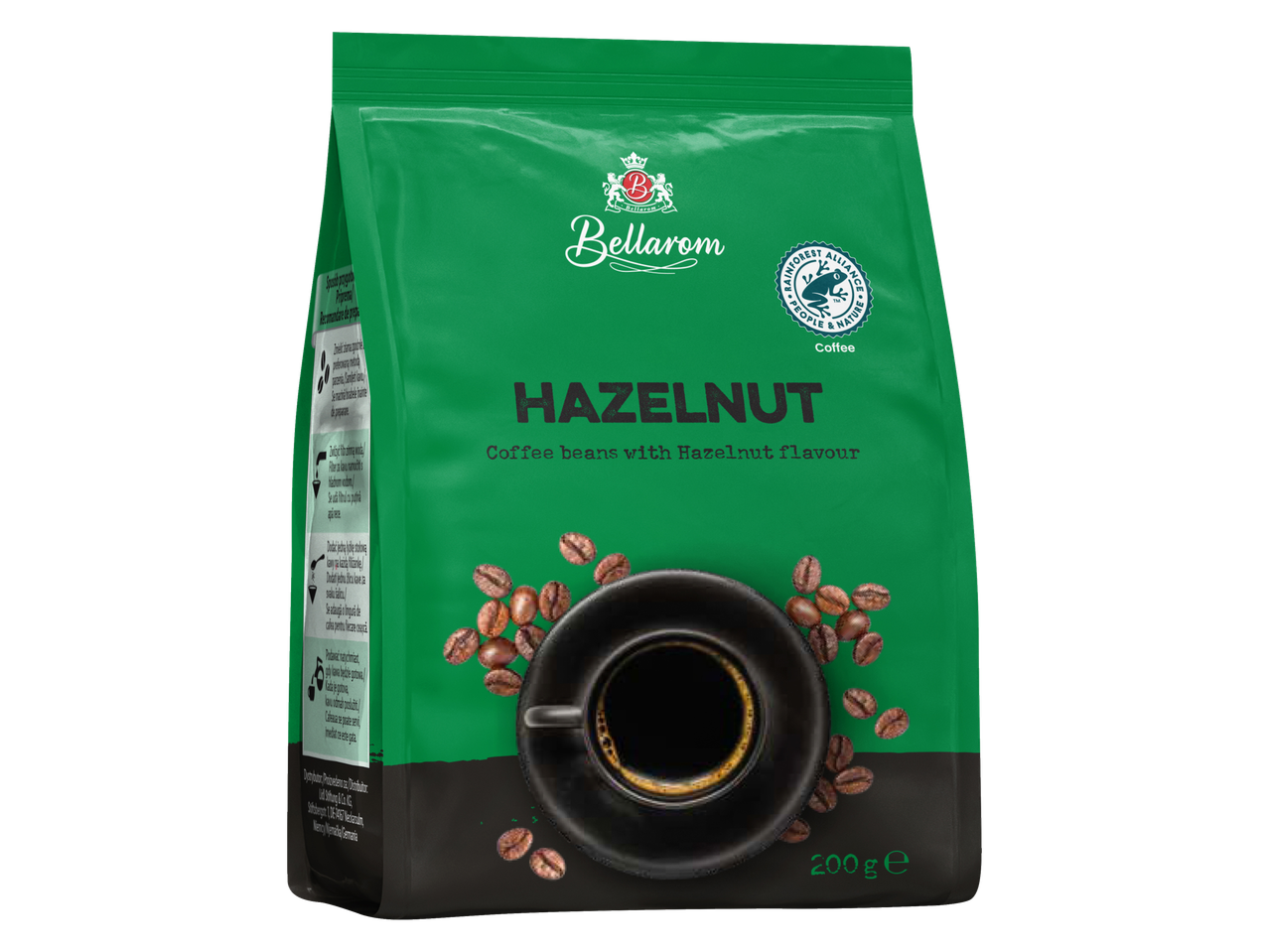O pungă de 200g de boabe de cafea Bellarom cu aromă de alune.