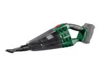 A green and black Parkside handheld vacuum cleaner with a detachable battery.
