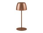 A bronze-colored table lamp with a conical shade and a round base.