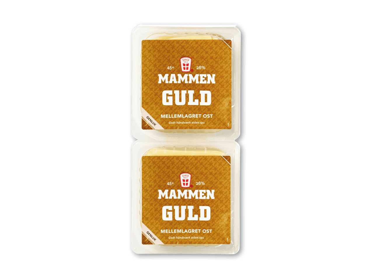 To pakker mellemlagret ost med teksten 'Mammen Guld' og 'Godt håndværk siden 1911'.