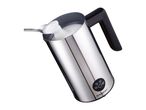 Stainless steel milk frother with a spoon of frothed milk, featuring control buttons.