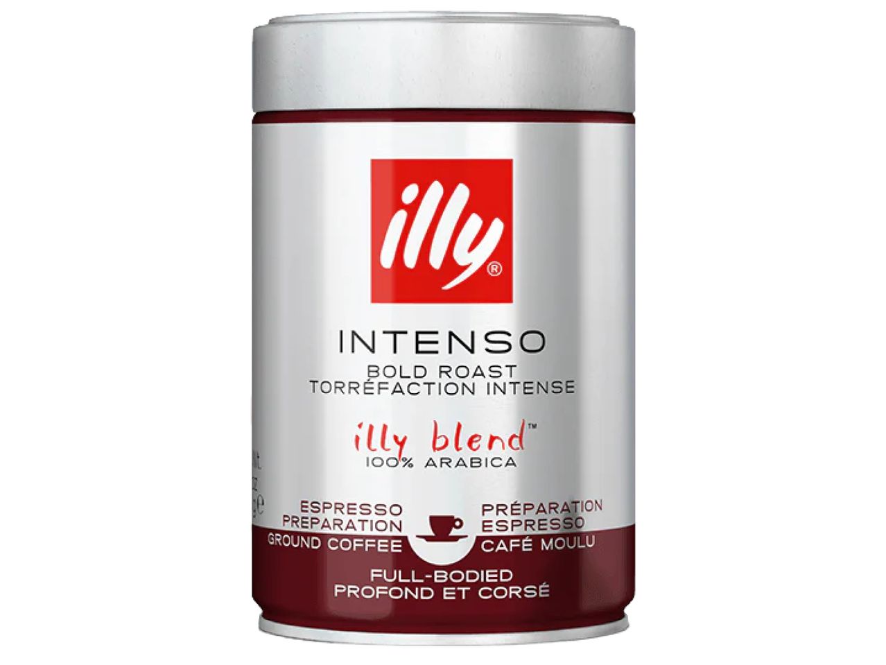 Кутия с кафе на зърна с надпис „Intenso Bold Roast“, „100% Arabica“ и „Espresso Ground Coffee“.