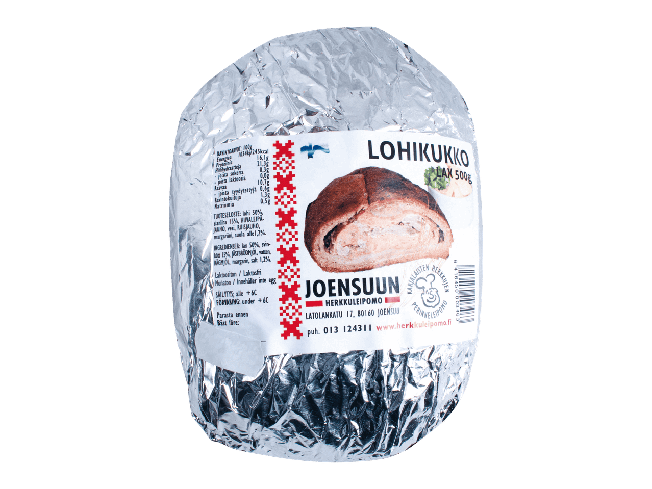 Lohikukko, jossa on ravintosisältö ja ainesosaluettelo, käärittynä folioon.
