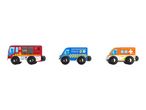 Wooden toy emergency vehicles: fire truck, police car, and ambulance.