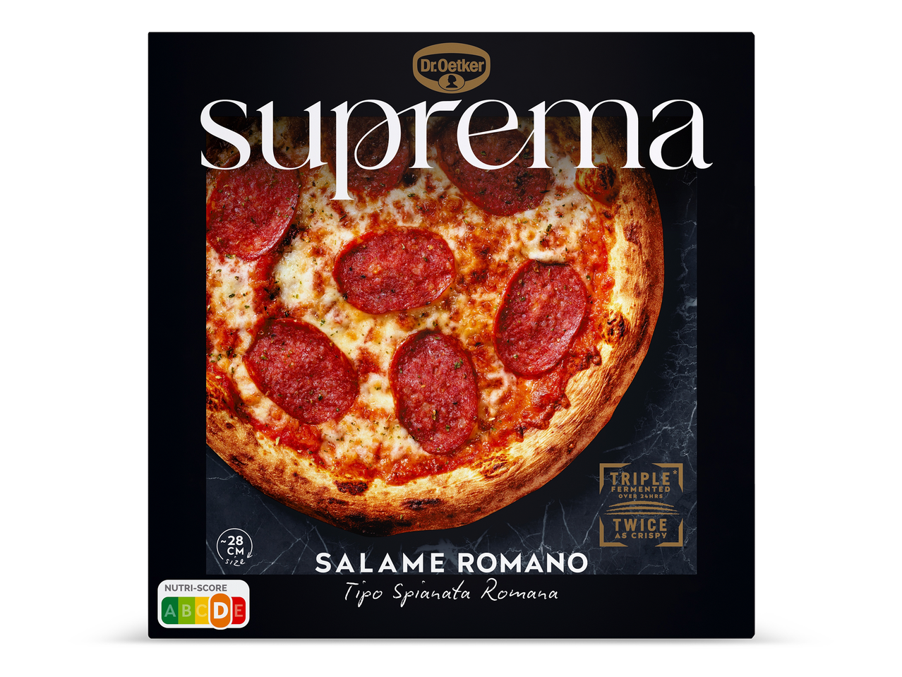 Verpakking van een Suprema Salame Romano pizza met Nutri-Score D.