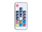 A white remote control with various buttons for speed, color, mode, brightness, and a power button.