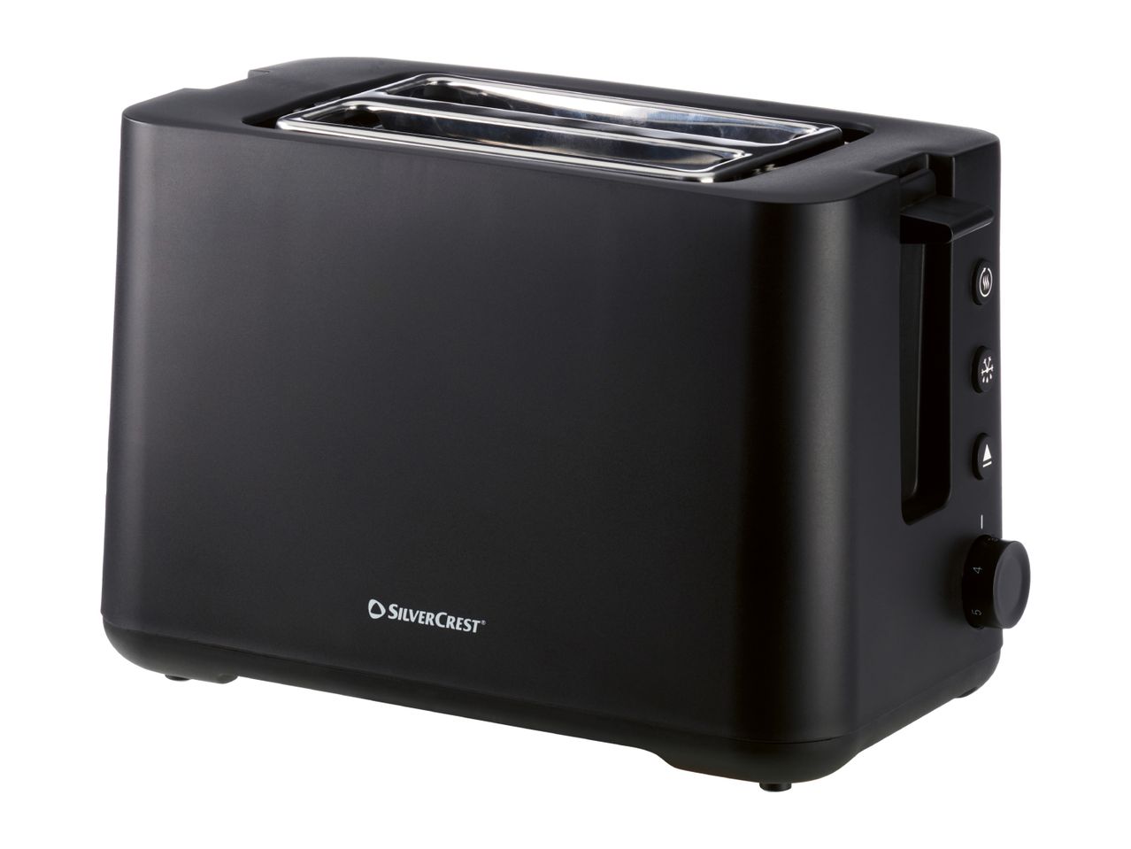 Black 2-slice toaster with stainless steel slots and control buttons on the side.