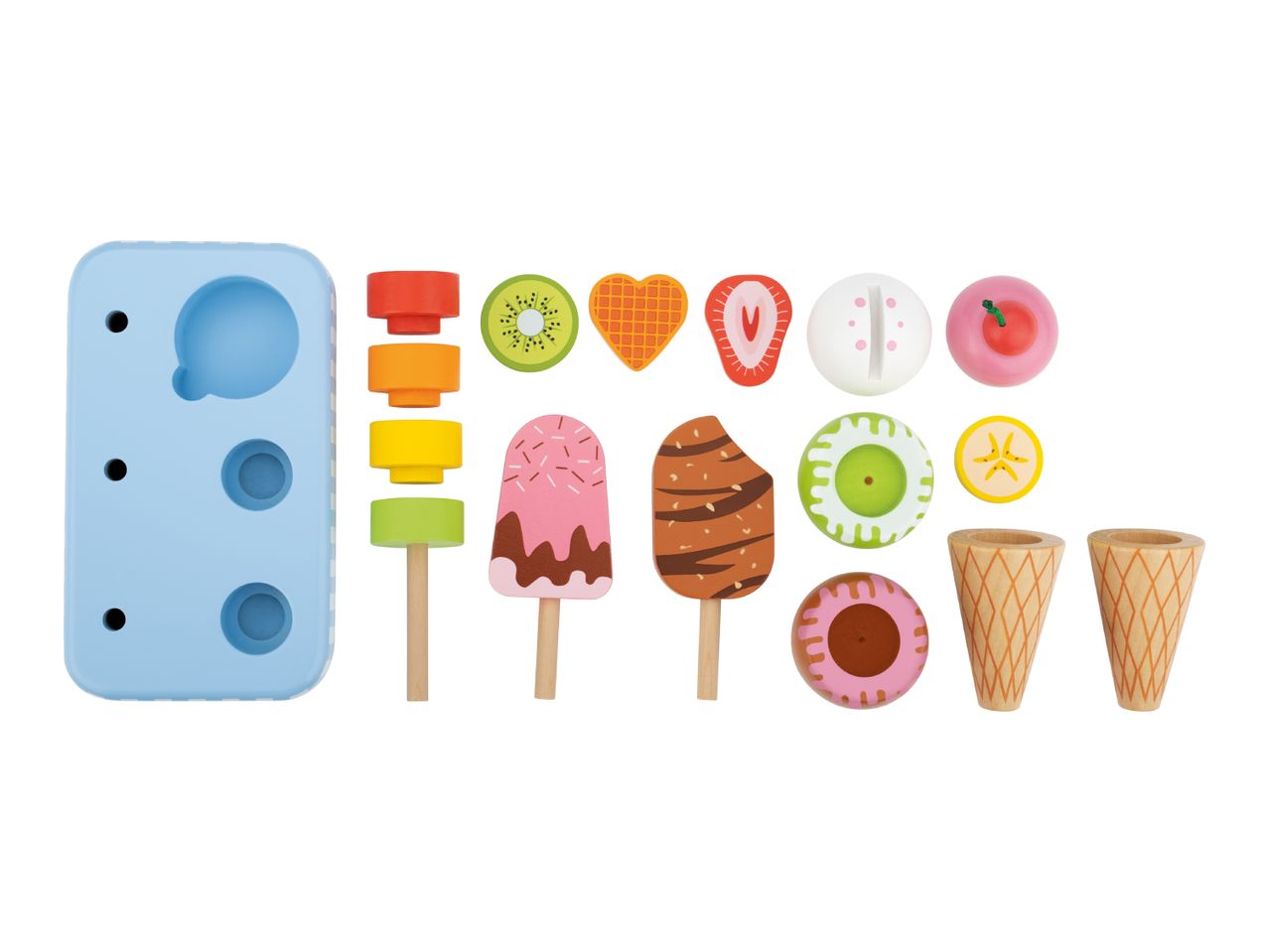 Wooden toy ice cream set with popsicles, scoops, cones, and fruit toppings.