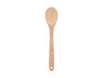 Wooden cooking spoon with a hole in the handle, isolated on a white background.