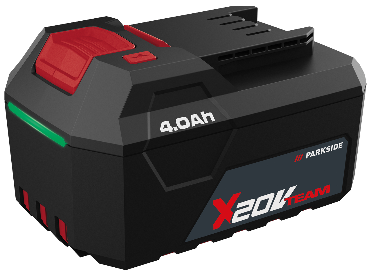 Черна батерия за електроинструменти с червени акценти, 4.0Ah и надпис X20V TEAM.