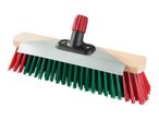 Red and green bristle broom with a wooden head and black handle attachment.