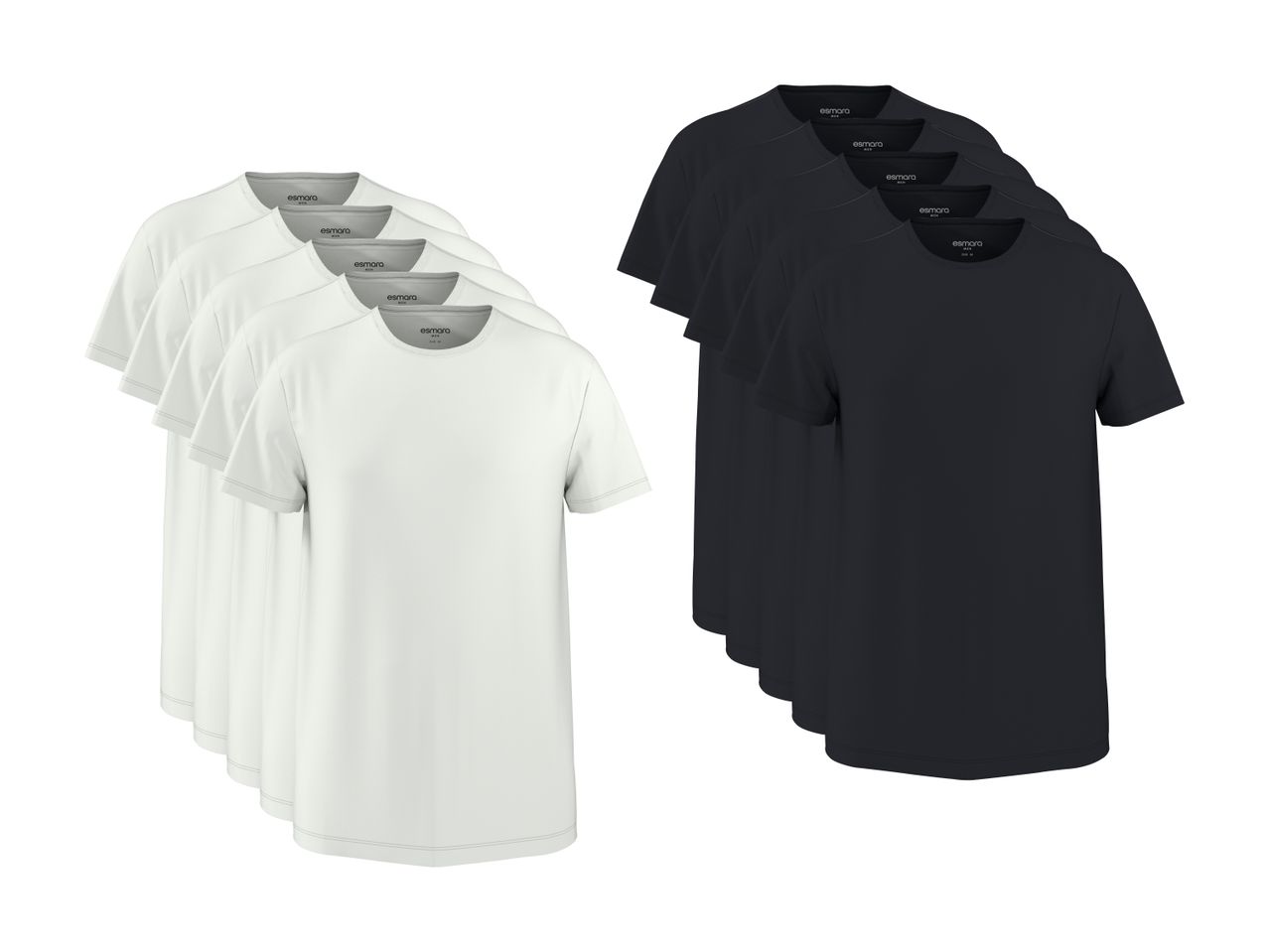 Fem hvide og fem sorte kortærmede T-shirts til mænd.