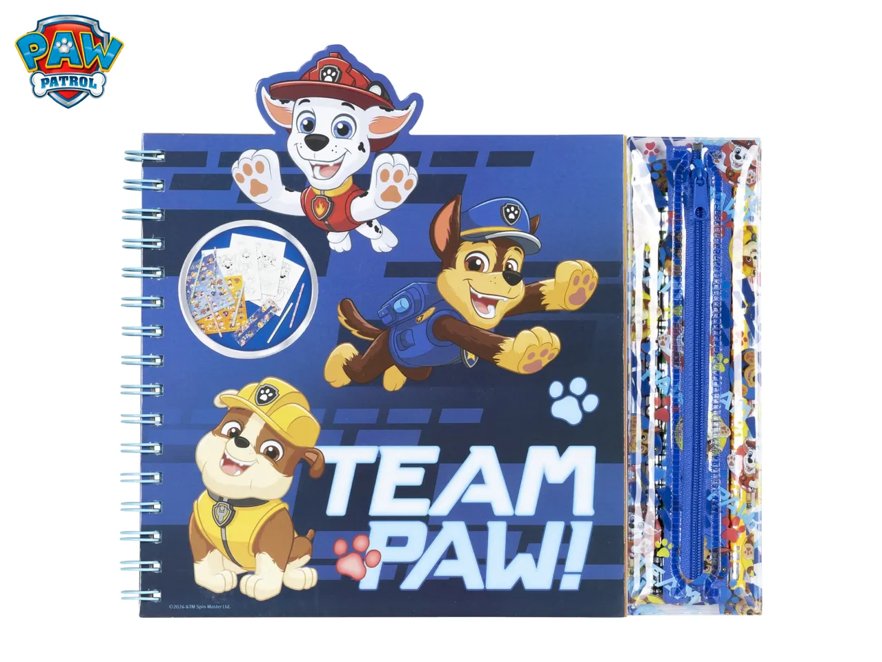 Paw Patrol spiral notebook with stickers, pencils, and a clear pencil case.