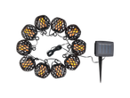 Solar-powered LED string lights with cage lanterns, flame effect.