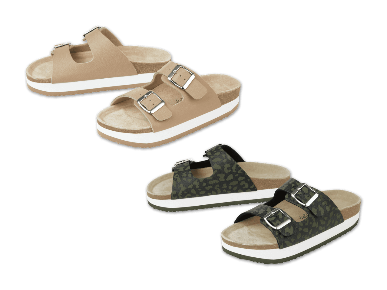 Zwei Paar Damensandalen, ein Paar beige und ein Paar in Camouflage-Optik.
