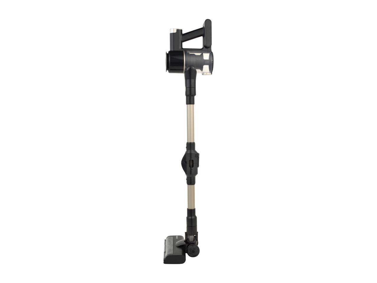 Black and silver cordless stick vacuum cleaner with a transparent dustbin.