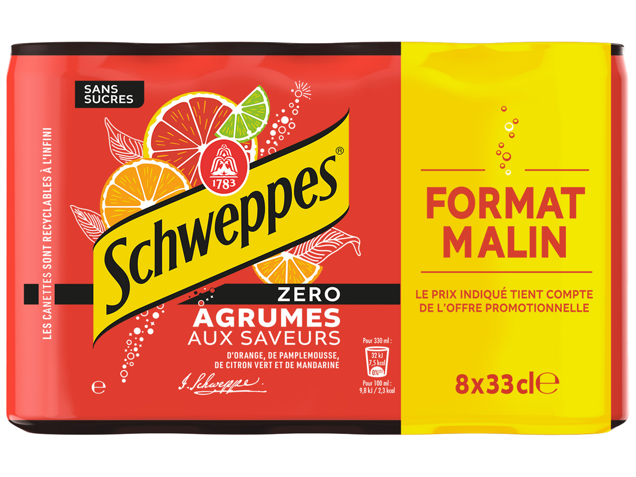 Pack de 8 canettes de Schweppes Zero Agrumes sans sucres, saveurs orange, pamplemousse, citron vert et mandarine.