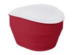 Red plastic storage bin with a white lid