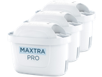 Three Brita Maxtra Pro water filters, white, stacked diagonally.