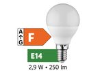 Žarnica E14 z oznako energijske učinkovitosti F, 2,9 W in 250 lm.