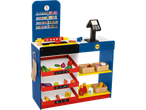 Playtive Wooden Lidl Supermarket playset with shelves of groceries, a checkout, and a shopping bag.