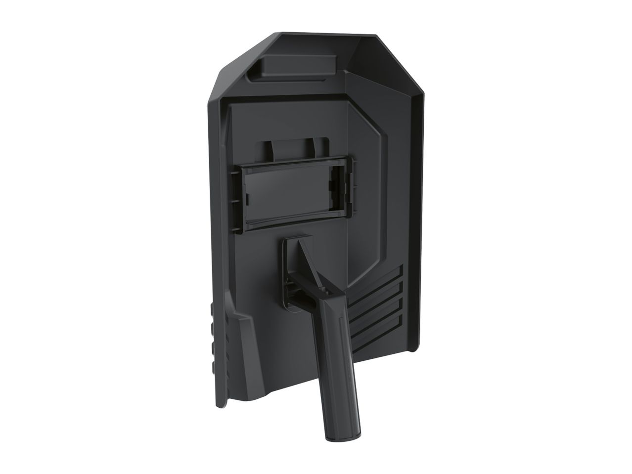 A black riot shield with a handle is shown from the back.