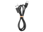 Zwarte USB-kabel met USB-A en USB-C connectoren, vastgebonden met een elastiekje.