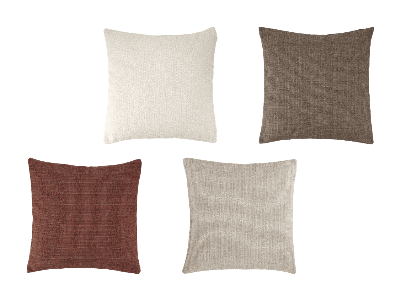 Quatre coussins carrés dans différentes nuances de marron et de beige.
