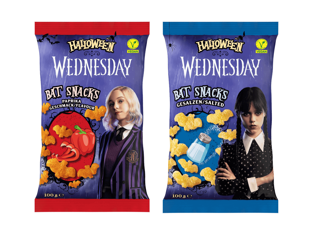 Zwei Packungen Halloween Wednesday Fledermaus-Snacks: Paprika und gesalzen.