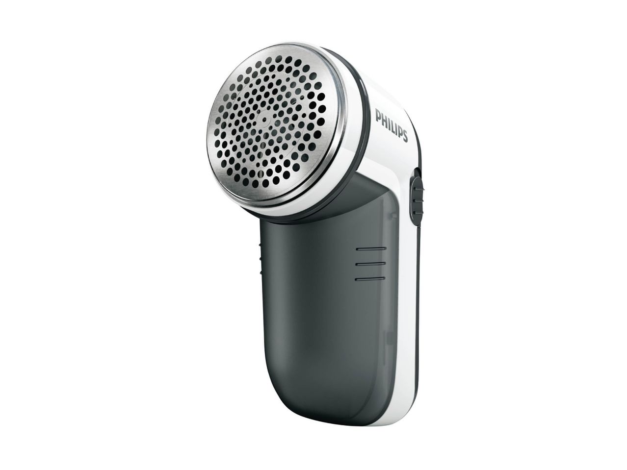 A white and dark grey Philips fabric shaver with a metallic mesh head.