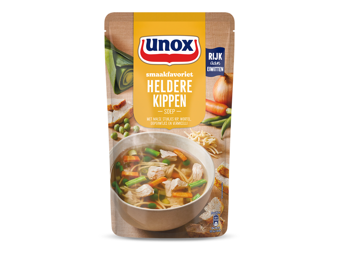 Verpakking van heldere kippensoep met malse stukjes kip, wortel, doperwtjes en vermicelli.
