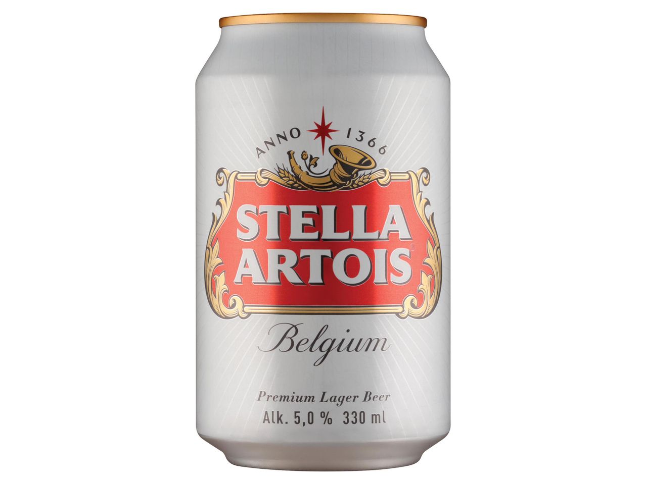 Stella Artois belga prémium lager sör 330 ml-es dobozban.