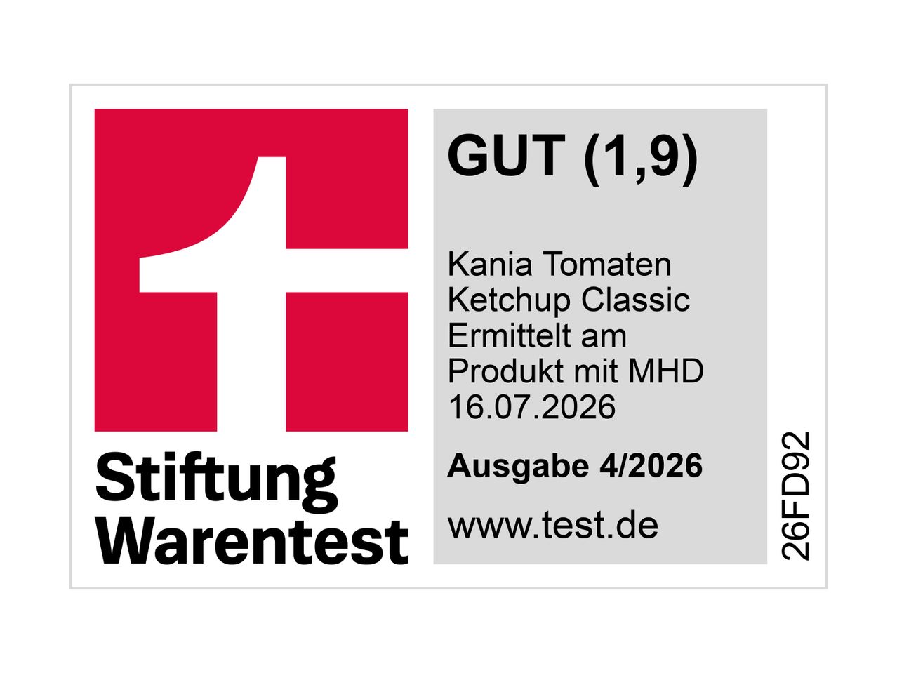 Stiftung Warentest Siegel für Tomaten Ketchup Classic mit der Note GUT (1,9).