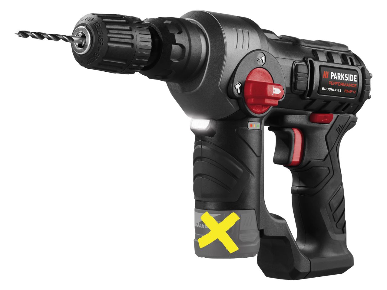 A black and red cordless rotary hammer drill with a drill bit inserted, featuring a battery indicator and a yellow 'X' on the battery.