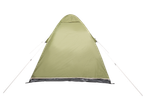 Tenda de camping verde montada em fundo preto.
