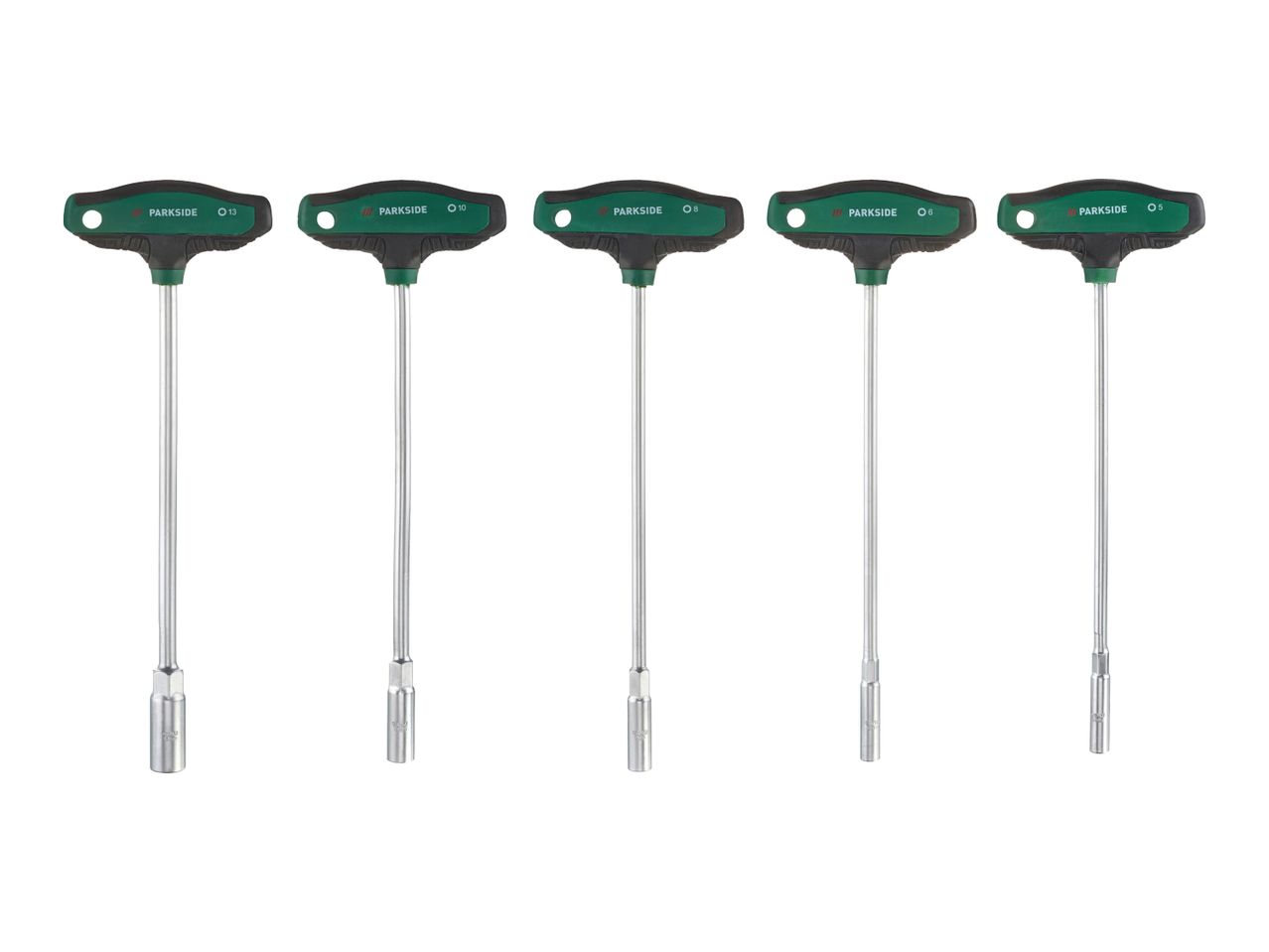 A set of five Parkside T-handle socket wrenches of varying sizes.