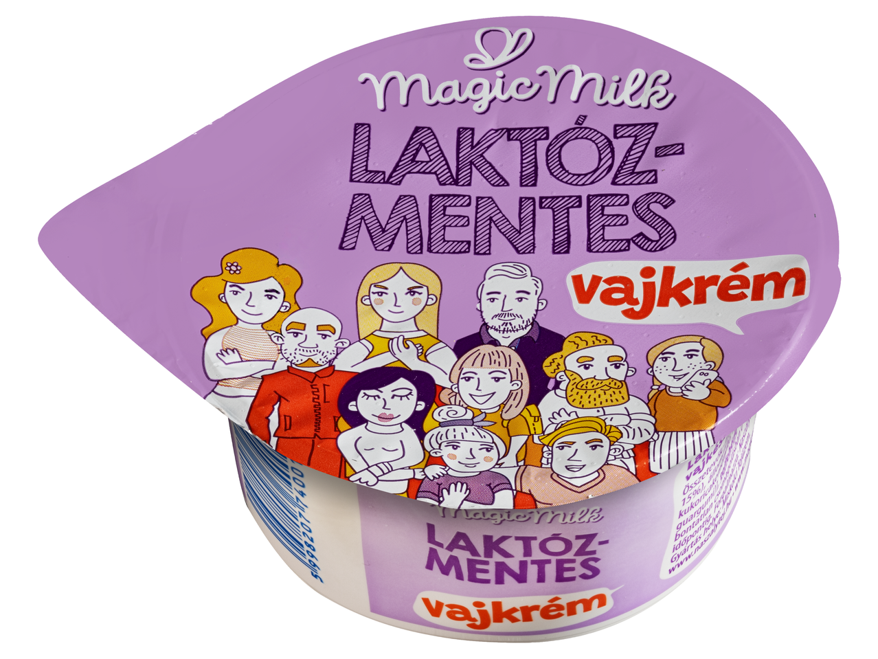 Magic Milk laktózmentes vajkrém, lila csomagoláson rajzolt emberekkel.