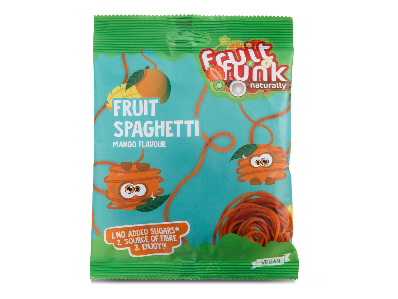 Verpakking van fruitsnacks met mangosmaak, fruitspaghetti, zonder toegevoegde suikers, vezelrijk en veganistisch.